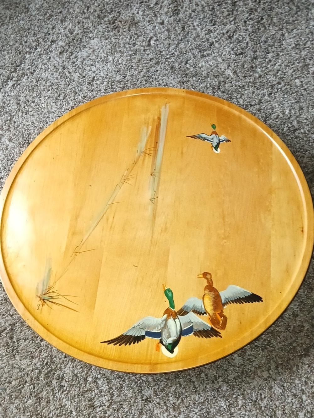 One Of A Kind Vintage Hand Painted Wood Lazy Susan BW Flying Ducks